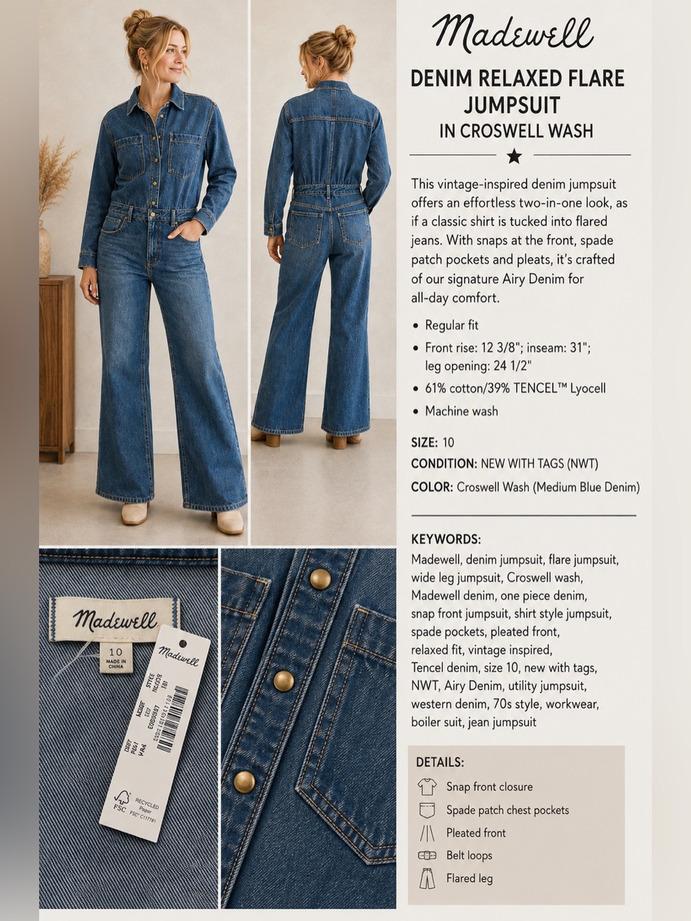 Madewell Denim Relaxed Flare Jumpsuit Croswell Wash Size 10 NWT